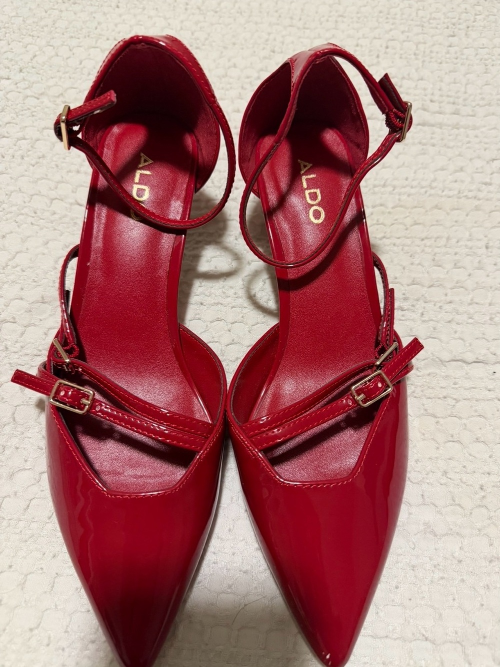 Aldo Red Patent Pointed-Toe Ankle-Strap Heels with Buckle Detail